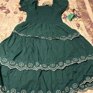 Green Dress with Embroidered Hem